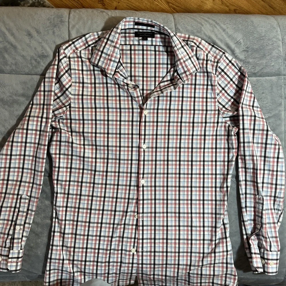 Banana Republic Shirt Mens Large Tall Red White Blue Plaid Slim Fit Athletic Fit